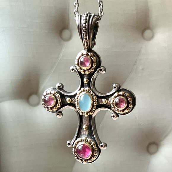 Konstantino Jewelry - Konstantino Cross Pink Tourmaline and Aquamarine Gems